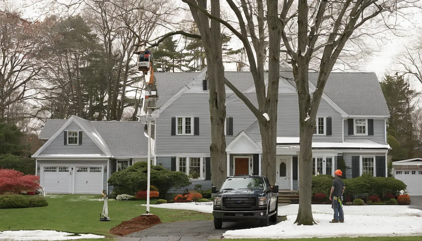 Friendly provider and a homeowner reviewing a tree near a house in Jersey City before removal